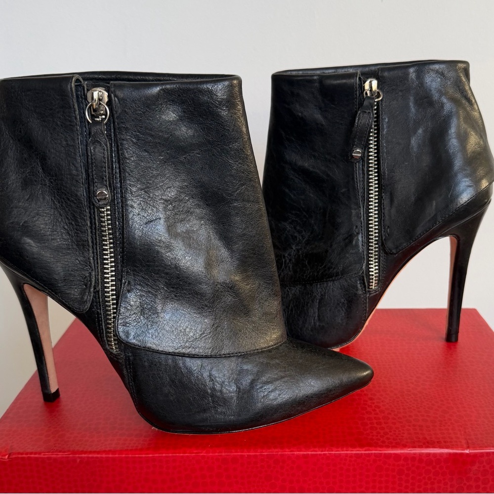 Alice + Olivia Sleek Black Leather Fold-Over Heeled Ankle Booties